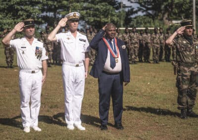 Première PAD pour Frédéric Poisot, Préfet de Mayotte avec le RSMA de Mayotte et en présence du maire de la commune d'Acoua